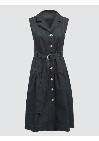 Lacivert Kruvaze Yaka Kemer Detaylı Kolsuz Midi Elbise