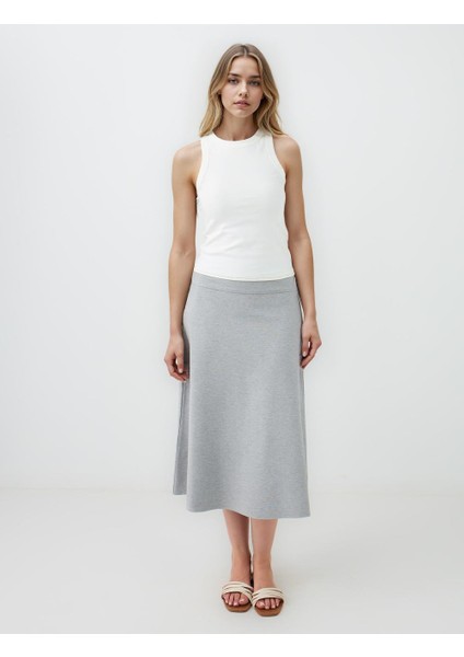 Gri Melanj Normal Bel Beli Lastikli Örme Midi Etek
