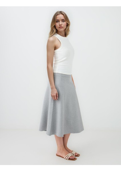 Gri Melanj Normal Bel Beli Lastikli Örme Midi Etek modelleri