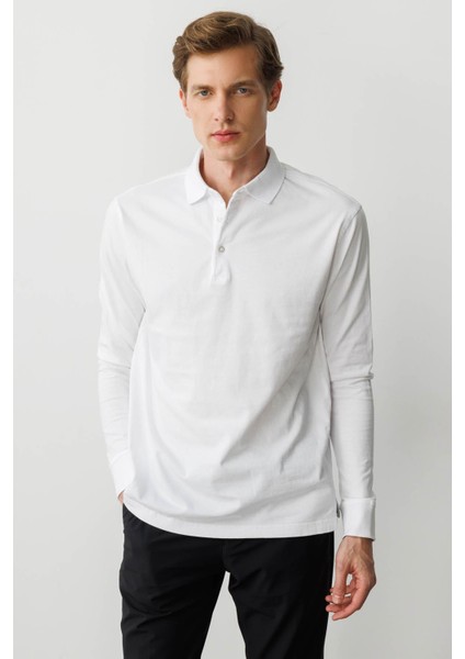 Erkek Polo Yaka Uzun Kollu Sweatshirt Beyaz