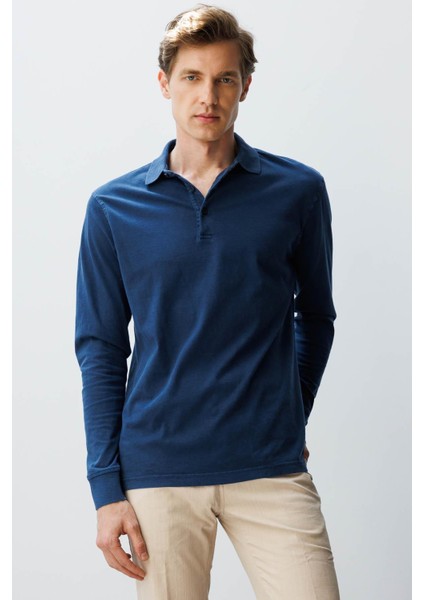 Erkek Polo Yaka Uzun Kollu Sweatshirt Lacivert