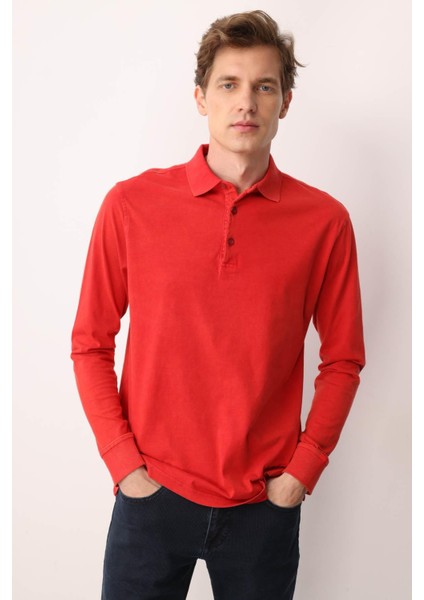 Erkek Polo Yaka Uzun Kollu Sweatshirt Kırmızı