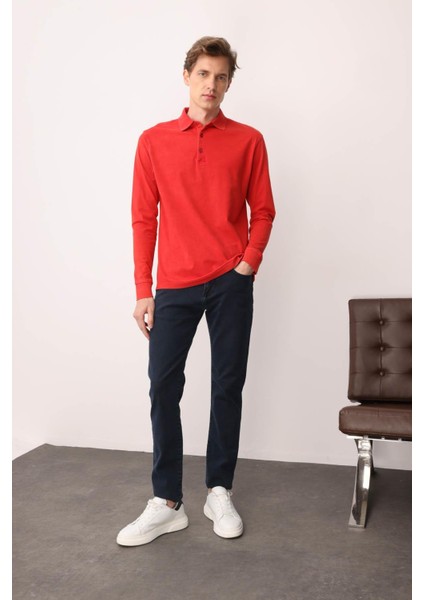 Erkek Polo Yaka Uzun Kollu Sweatshirt Kırmızı indirimleri