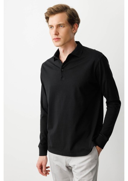 Erkek Polo Yaka Uzun Kollu Sweatshirt Siyah