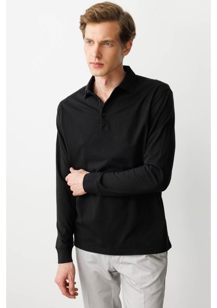 Erkek Polo Yaka Uzun Kollu Sweatshirt Siyah fiyatları