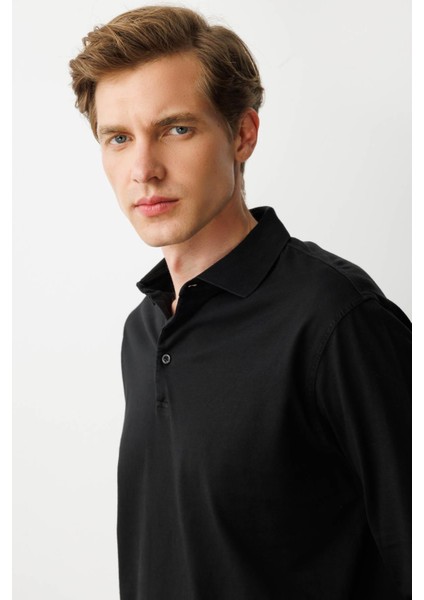 Erkek Polo Yaka Uzun Kollu Sweatshirt Siyah modelleri