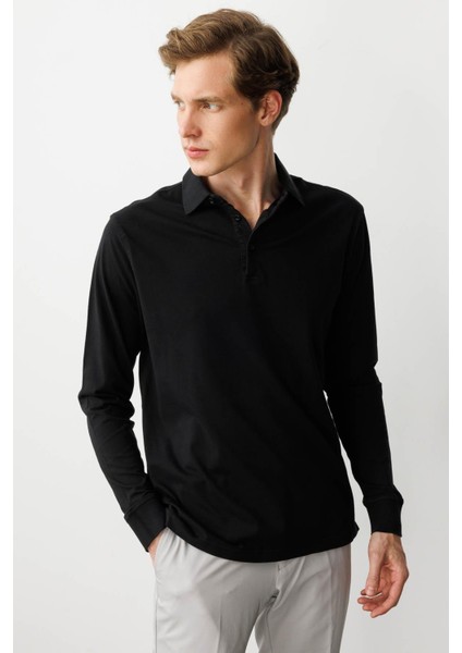Erkek Polo Yaka Uzun Kollu Sweatshirt Siyah indirimleri