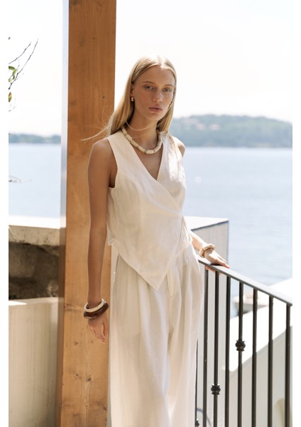 Moibel Bağcık Detay Ekru Crop Pantolon Takım