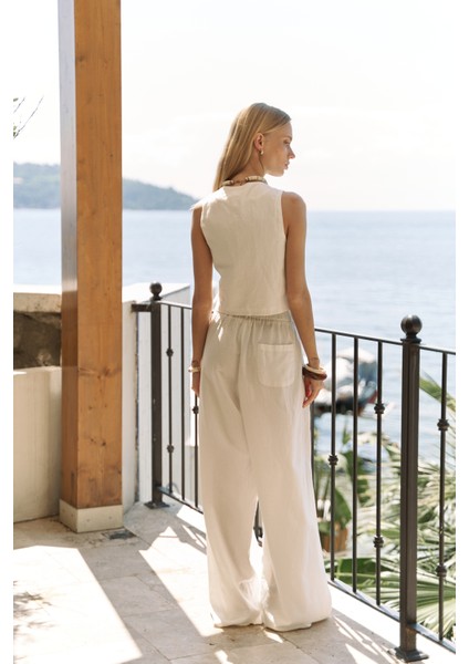 Moibel Bağcık Detay Ekru Crop Pantolon Takım