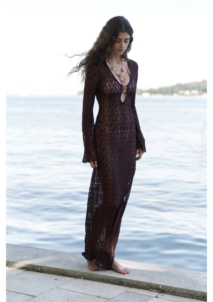 Caroline Dantelli Bordo Uzun Elbise