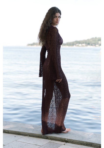 Caroline Dantelli Bordo Uzun Elbise