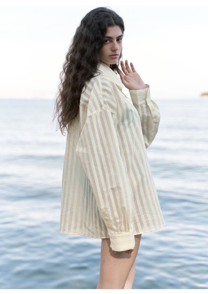 Rosy Transparan Çizgili Sarı Oversize Gömlek