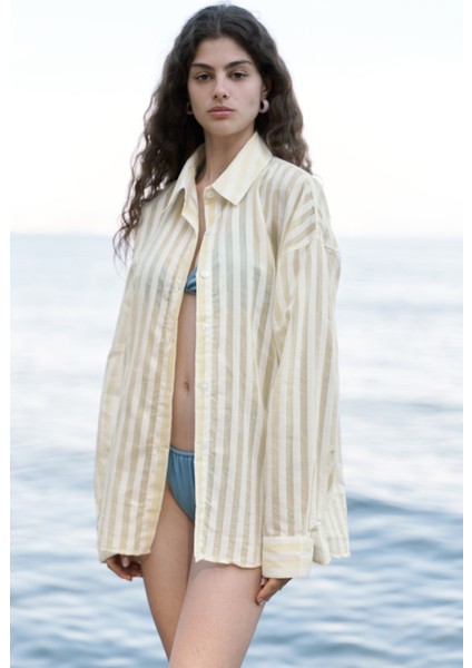 Rosy Transparan Çizgili Sarı Oversize Gömlek modelleri