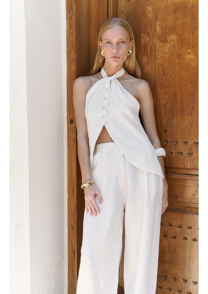 Prasetsah Bağlamalı Ekru Crop Pantolon Takım