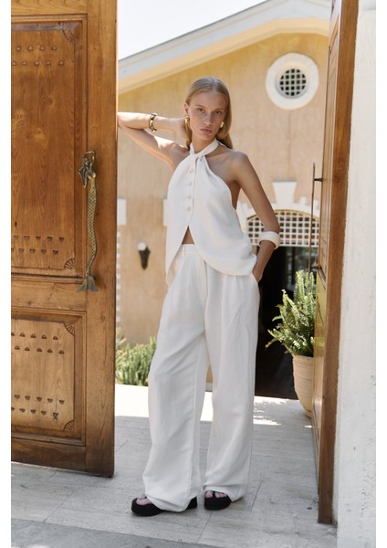 Prasetsah Bağlamalı Ekru Crop Pantolon Takım fiyatları