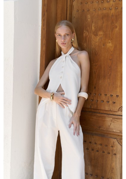 Prasetsah Bağlamalı Ekru Crop Pantolon Takım modelleri