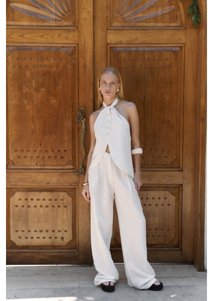 Prasetsah Bağlamalı Ekru Crop Pantolon Takım indirimleri