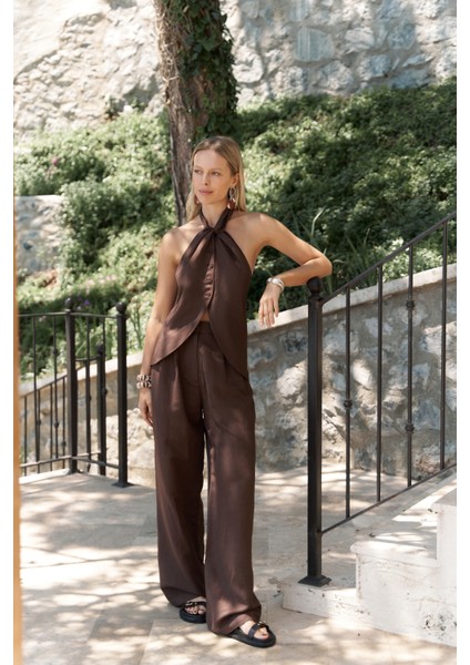 Prasetsah Bağlamalı Kahve Crop Pantolon Takım