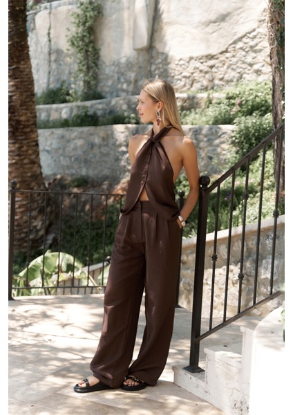 Prasetsah Bağlamalı Kahve Crop Pantolon Takım fiyatları