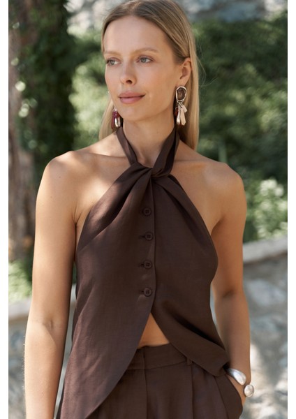 Prasetsah Bağlamalı Kahve Crop Pantolon Takım modelleri