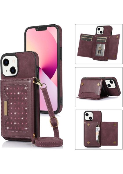 IPhone 13 Moda Glitter Cüzdan Kılıf ile Uyumlu Rfıd Engelleme Kayışı (Yurt Dışından)