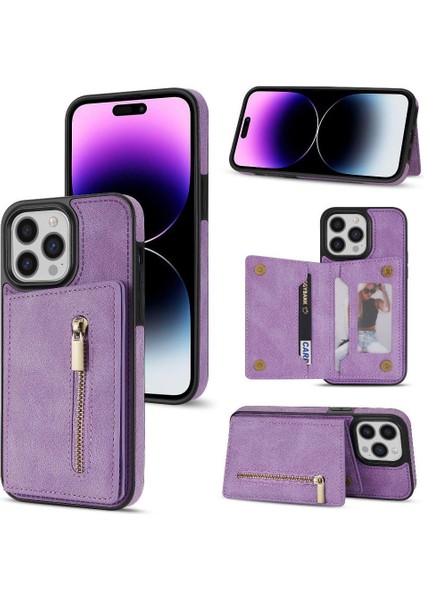 IPhone 14 Pro Max Fermuarlı Cep Kılıfı Kart Tutucu Geri Çevirme ile Uyumlu (Yurt Dışından) modelleri