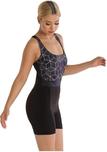 Desenli Şortlu Modelli Yüzücü Mayo 6526 Siyah Büyük Beden modelleri