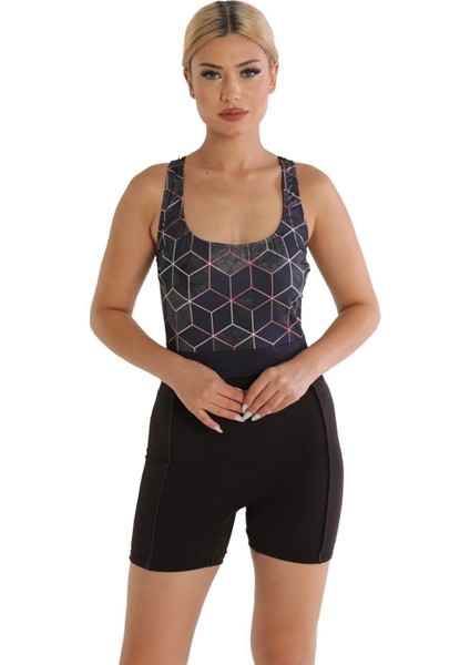 Desenli Şortlu Modelli Yüzücü Mayo 6526 Siyah Büyük Beden fırsatları