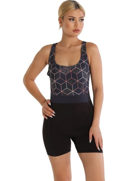 Desenli Şortlu Modelli Yüzücü Mayo 6526 Siyah Büyük Beden indirimleri