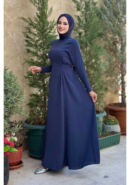 Bel Kuşaklı Kol Fermuar Detaylı Elbise 6041 Lacivert