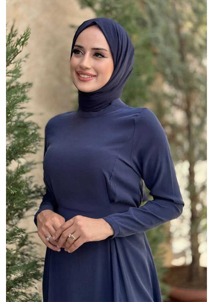 Bel Kuşaklı Kol Fermuar Detaylı Elbise 6041 Lacivert