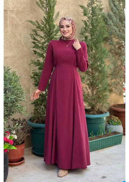 Bel Kuşaklı Kol Fermuar Detaylı Elbise 6041 Bordo