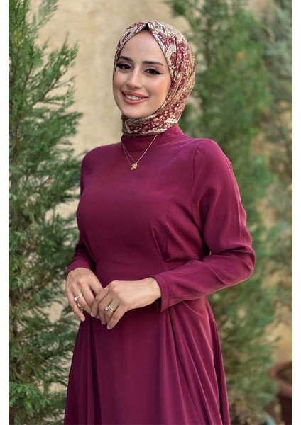 Bel Kuşaklı Kol Fermuar Detaylı Elbise 6041 Bordo