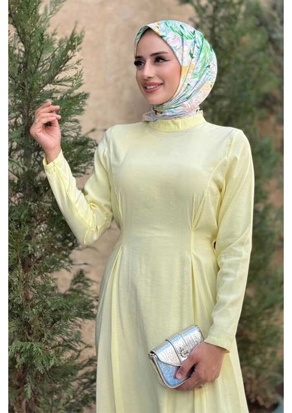 Bel Kuşaklı Kol Fermuar Detaylı Elbise 6041 Sarı