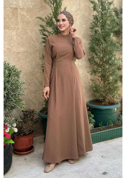 Bel Kuşaklı Kol Fermuar Detaylı Elbise 6041 Taba