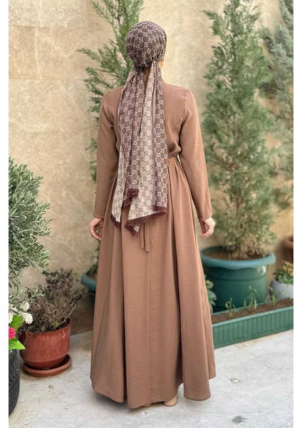 Bel Kuşaklı Kol Fermuar Detaylı Elbise 6041 Taba