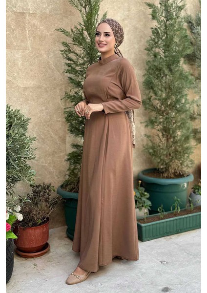 Bel Kuşaklı Kol Fermuar Detaylı Elbise 6041 Taba