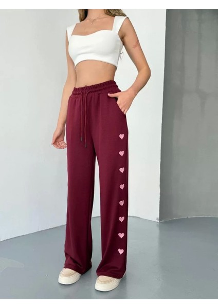Osy Modal Yumuşak Dokulu Kumaş Nakış Işlemeli Rahat Bol Paça Eşofman Pantalon - Bordo
