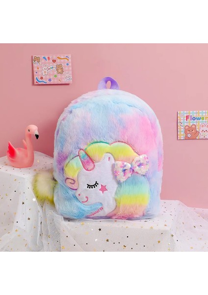 Tek Boynuzlu At Kravat Boyalı Çizgi Film Peluş Peluş Sırt Çantası Büyük Kapasiteli Çocuk Çantası Sevimli Yay Knot Anaokulu Okul Çantası Kız Color: Mor Renkli (Yurt Dışından)