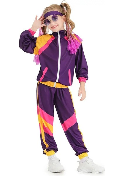 Çocuklar Erkek ve Kızlar 80S 90'lar Spor Giyim Takım Elbise Retro Disko Hip Hop Kostüm Moda Patchwork Uzun Kollu Fermuar Ceket Pantolonları Renk: Mor/çocuk Boyutu: Xs 2-4y (Yurt Dışından)