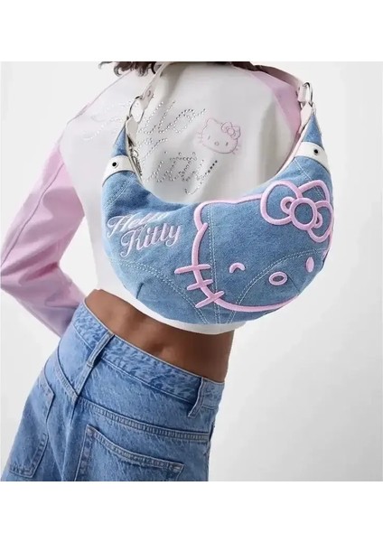Sanrio Hello Kitty Ilkbahar ve Yaz Yeni Büyük Kapasiteli Denim Koltuk Çantası Hellokitty Sevimli Retro Omuz Messenger Çantası Kadın Hediye Kilo: Hello Kitty (Yurt Dışından)