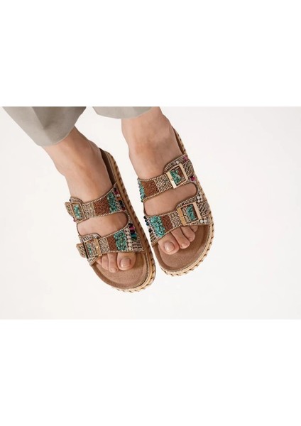 Guja 25Y103 Kadın Yüksek Mantar Taban Taşlı Çift Bant Terlik