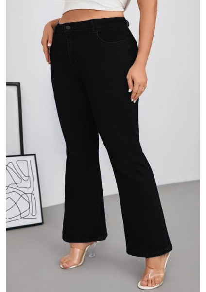 Cedy Denım - Kadın Siyah Büyük Beden Ispanyol Paça Yüksek Bel Skinny Fit Likralı Pantolon C628
