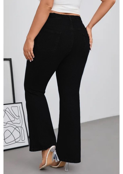 Cedy Denım - Kadın Siyah Büyük Beden Ispanyol Paça Yüksek Bel Skinny Fit Likralı Pantolon C628