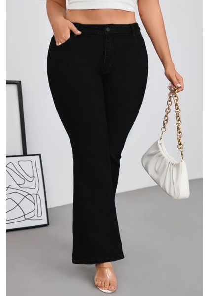Cedy Denım - Kadın Siyah Büyük Beden Ispanyol Paça Yüksek Bel Skinny Fit Likralı Pantolon C628