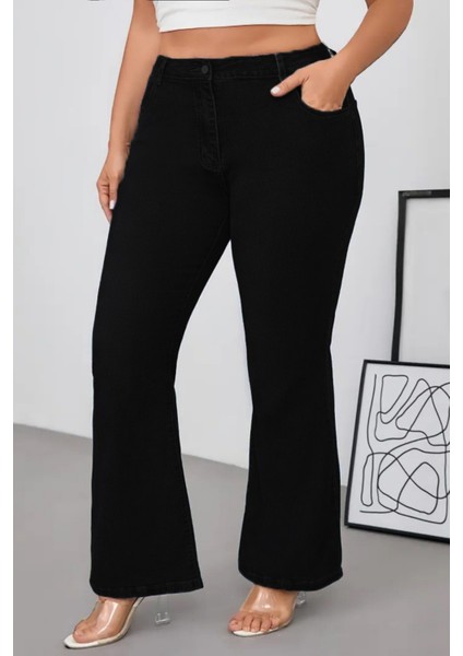 Cedy Denım - Kadın Siyah Büyük Beden Ispanyol Paça Yüksek Bel Skinny Fit Likralı Pantolon C628