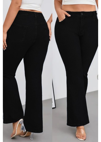 Cedy Denım - Kadın Siyah Büyük Beden Ispanyol Paça Yüksek Bel Skinny Fit Likralı Pantolon C628
