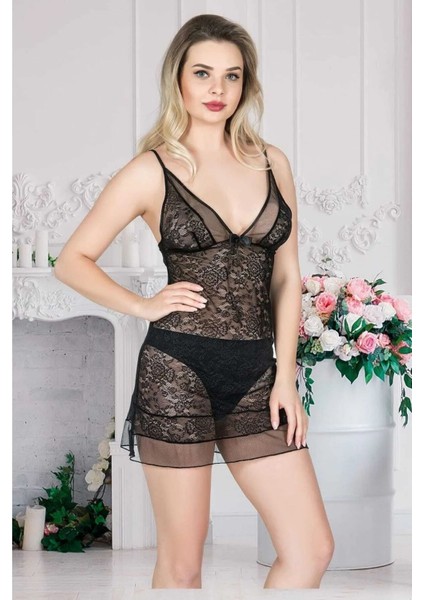 1140 Kadın Tül Gecelik Sabahlık Takım-Siyah fiyatları