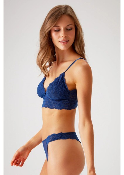 4842 Ince Askılı Dantelli Bralet Sütyen Külot Takım-Lacivert