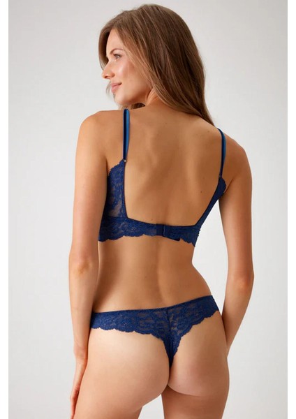 4842 Ince Askılı Dantelli Bralet Sütyen Külot Takım-Lacivert